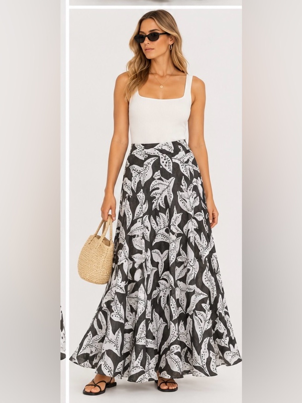 Island Company Europa 100% Linen Black White Tropical Maxi Skirt Size 8